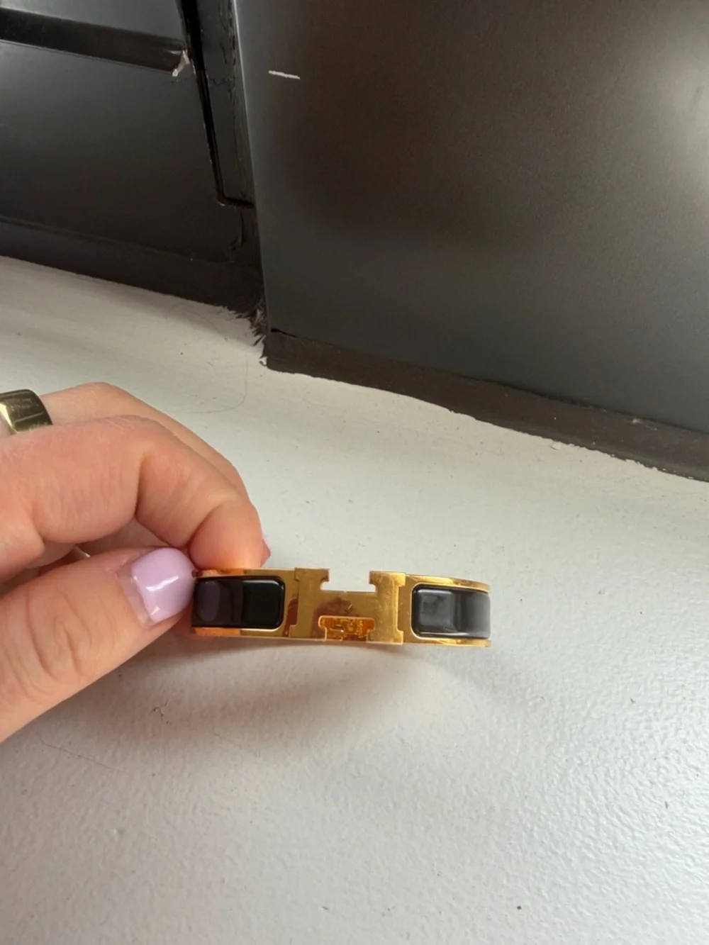 Hermes Gold-Tone Bracelet with Black Enamel Inlay (small size and Authentic!)